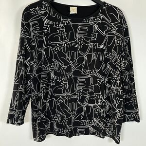 Jess & Jane T-Shirt‎ Top 1X Cat Sketch Stretch Black White Artsy Eclectic Casual